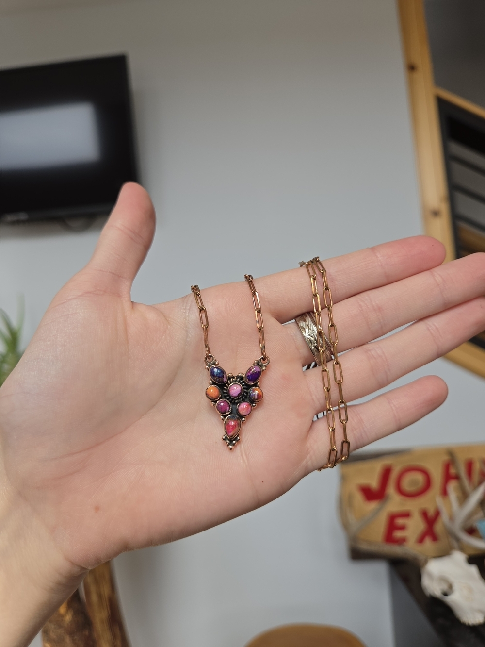 Spiny Oyster And Dahlia Cluster Copper Necklace